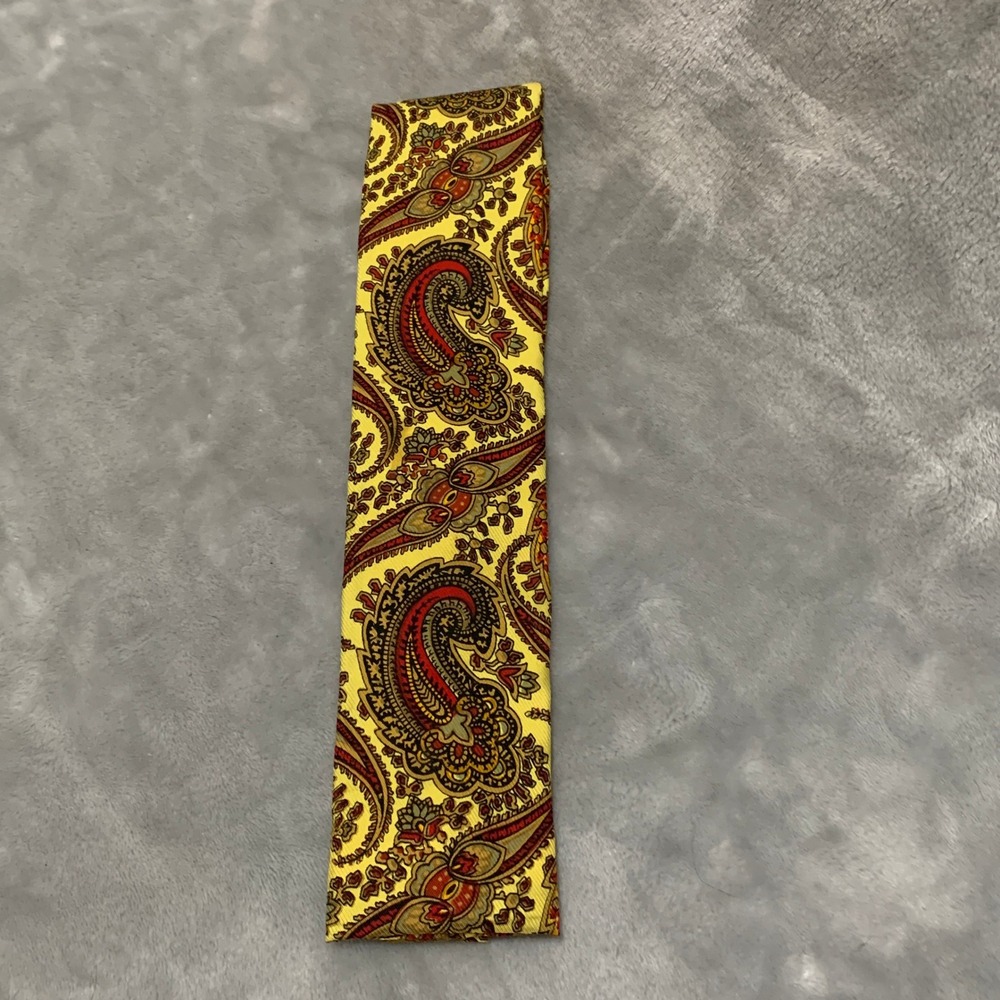 Rooster Mens Vintage Paisley Necktie Yellow Red Hand Printed Square End Tie